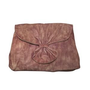 Vintage Genuine Leather Bow Clutch Bag‎ Mauve Foldover Evening Purse Retro 80s